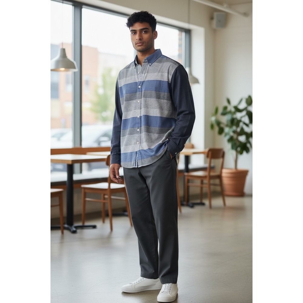 NAUTICA SLIM FIT CONVERTIBLE SLEEVE PLAID STRIPE BLUE BUTTON‎ FRONT SHIRT SZ L